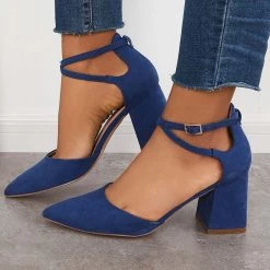 Mollyshoe Chunky Block Low Heel Pumps Pointed Toe Ankle Strap Heels