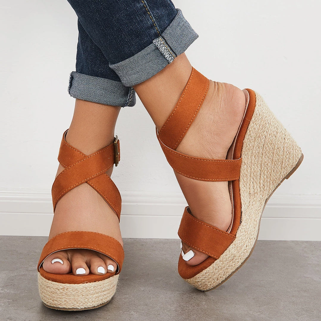 Mollyshoe Criss-Cross Ankle Strap Espadrille Wedge Platform Sandals 9 Mollyshoe Criss-Cross Ankle Strap Espadrille Wedge Platform Sandals