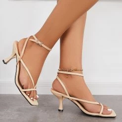 Mollyshoe Square Toe Flip Flops Heels Kitten Heel Ankle Strap Sandals