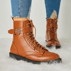 Mollyshoe Women's Fashion Buckle Combat Leather Boots
