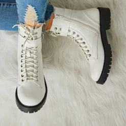 Mollyshoe Women's Fashion Buckle Combat Leather Boots