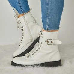 Mollyshoe Women's Fashion Buckle Combat Leather Boots