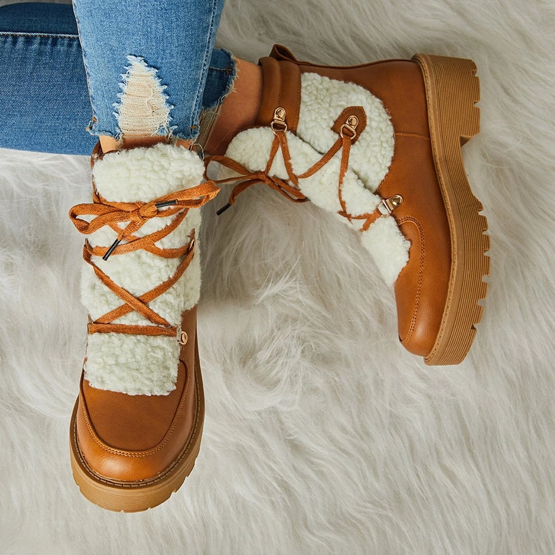 Mollyshoe Women's Faux Shearling Stiching Lace Up Snow Boots 15 Mollyshoe Women's Faux Shearling Stiching Lace Up Snow Boots