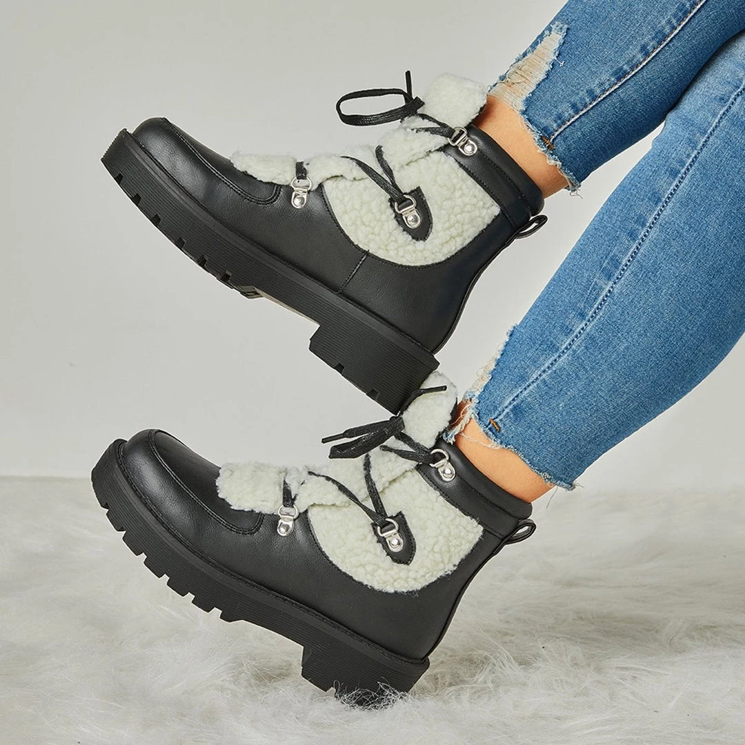 Mollyshoe Women's Faux Shearling Stiching Lace Up Snow Boots 4 Mollyshoe Women's Faux Shearling Stiching Lace Up Snow Boots