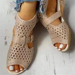 Mollyshoe Studded Hollow Out Peep Toe Buckled Sandals