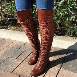 Mollyshoe Camel Pu Cross Strap Block Heel Knee High Boots