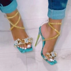 Weekly Best Seller Mollyshoe Noble Gold Chain Large Crystal High Heel Sandals