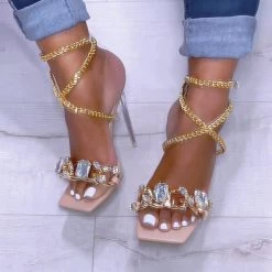 Weekly Best Seller Mollyshoe Noble Gold Chain Large Crystal High Heel Sandals