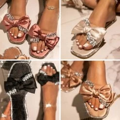 Mollyshoe Open Squared Toe Rhinestone Bownots Slippers
