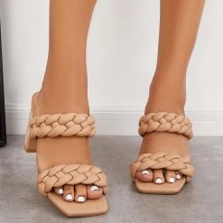 Mollyshoe Square Toe Block High Heels Backless Slip On Mule Sandals