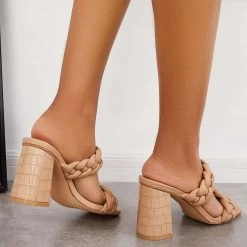 Mollyshoe Square Toe Block High Heels Backless Slip On Mule Sandals