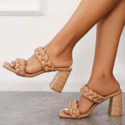 Mollyshoe Square Toe Block High Heels Backless Slip On Mule Sandals