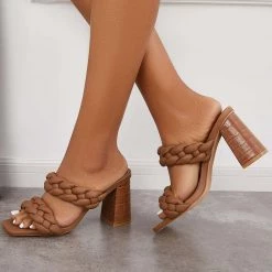 Mollyshoe Square Toe Block High Heels Backless Slip On Mule Sandals