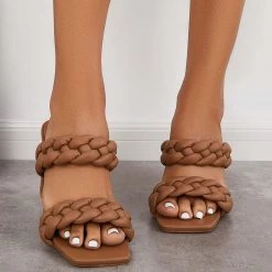 Mollyshoe Square Toe Block High Heels Backless Slip On Mule Sandals