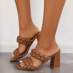 Mollyshoe Square Toe Block High Heels Backless Slip On Mule Sandals