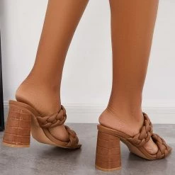 Mollyshoe Square Toe Block High Heels Backless Slip On Mule Sandals