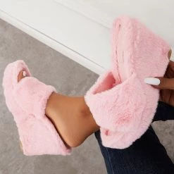 Mollyshoe Faux Fur Wedge Slippers Furry Platform High Heel Slide Shoes