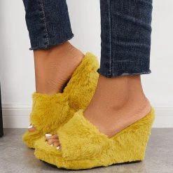 Mollyshoe Faux Fur Wedge Slippers Furry Platform High Heel Slide Shoes