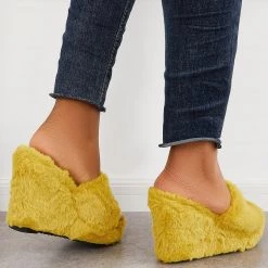 Mollyshoe Faux Fur Wedge Slippers Furry Platform High Heel Slide Shoes
