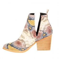 Mollyshoe Slip On Cutout Pointed Toe Snakeskin Mid Heel Ankle Boots