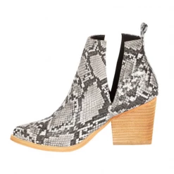 Mollyshoe Slip On Cutout Pointed Toe Snakeskin Mid Heel Ankle Boots