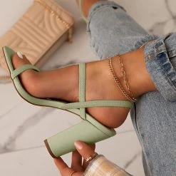 Mollyshoe Elastic Straps Squared Toe Chunky Heels