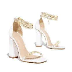 Mollyshoe Gold-Tone Chain Embellished Ankle Strap Chunky Heels