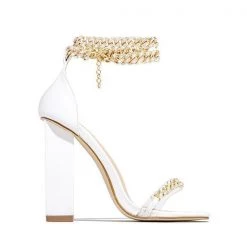 Mollyshoe Gold-Tone Chain Embellished Ankle Strap Chunky Heels