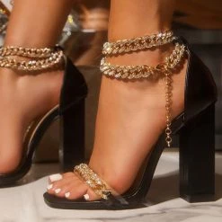 Mollyshoe Gold-Tone Chain Embellished Ankle Strap Chunky Heels