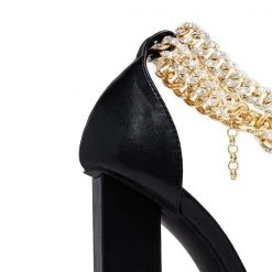Mollyshoe Gold-Tone Chain Embellished Ankle Strap Chunky Heels