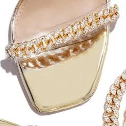 Mollyshoe Gold-Tone Chain Embellished Ankle Strap Chunky Heels