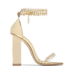 Mollyshoe Gold-Tone Chain Embellished Ankle Strap Chunky Heels
