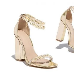 Mollyshoe Gold-Tone Chain Embellished Ankle Strap Chunky Heels