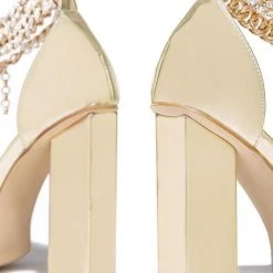 Mollyshoe Gold-Tone Chain Embellished Ankle Strap Chunky Heels