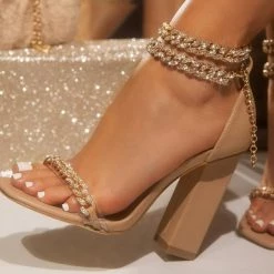 Mollyshoe Gold-Tone Chain Embellished Ankle Strap Chunky Heels