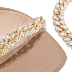 Mollyshoe Gold-Tone Chain Embellished Ankle Strap Chunky Heels