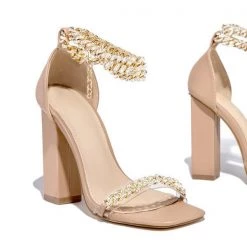 Mollyshoe Gold-Tone Chain Embellished Ankle Strap Chunky Heels