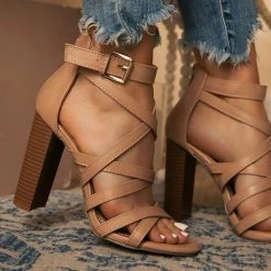 Mollyshoe Ankle Adjustable Gold-Tone Buckle Chunky Heels