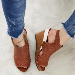 Mollyshoe Wedge Print Faux Leather Sandals