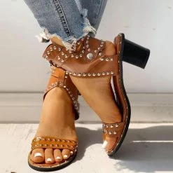 Mollyshoe Open Toe Rivet Chunky Heeled Sandals For Women Heels