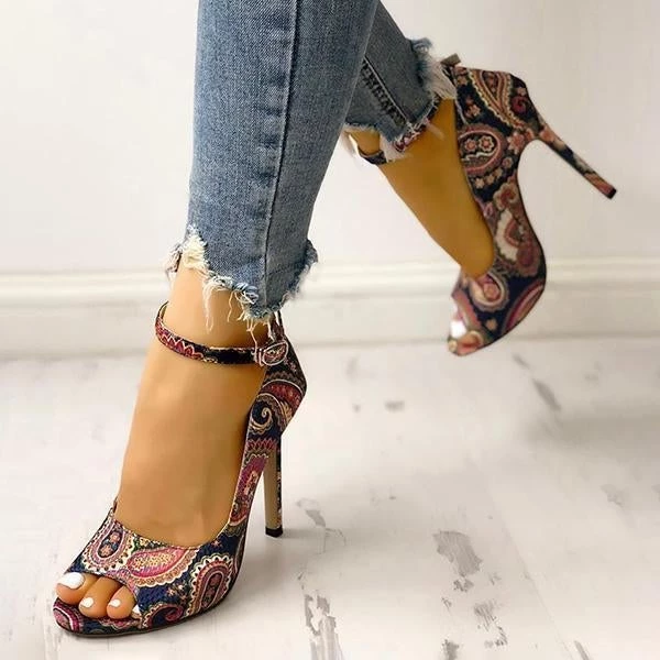 Mollyshoe Ethnic Print Peep Toe Ankle Strap Thin Heeled Sandals 9 Mollyshoe Ethnic Print Peep Toe Ankle Strap Thin Heeled Sandals