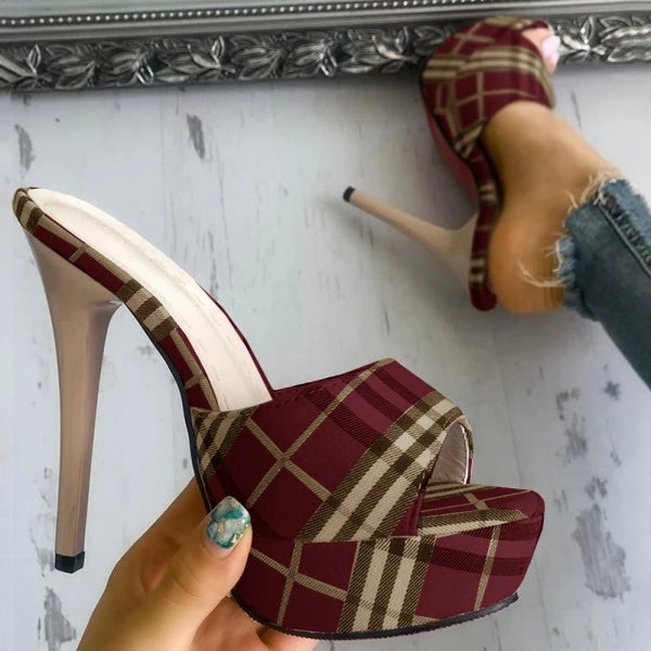 Mollyshoe Women's Peep Toe Plaid Slip-on Stilettos Thin Heels 14 Mollyshoe Women's Peep Toe Plaid Slip-on Stilettos Thin Heels