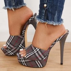 Mollyshoe Women's Open Toe Plaid Stilettos Thin Heels Slip-on Sandals