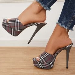 Mollyshoe Women's Open Toe Plaid Stilettos Thin Heels Slip-on Sandals
