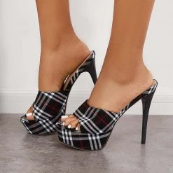Mollyshoe Women's Open Toe Plaid Stilettos Thin Heels Slip-on Sandals