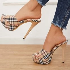 Mollyshoe Women's Open Toe Plaid Stilettos Thin Heels Slip-on Sandals