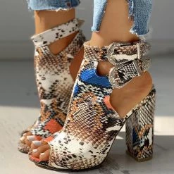 Mollyshoe Snakeskin Ankle Buckled Chunky Heels