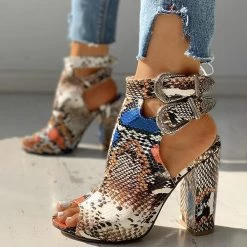 Mollyshoe Snakeskin Ankle Buckled Chunky Heels