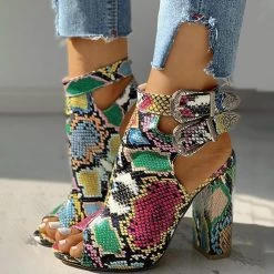 Mollyshoe Snakeskin Ankle Buckled Chunky Heels