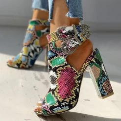 Mollyshoe Snakeskin Ankle Buckled Chunky Heels